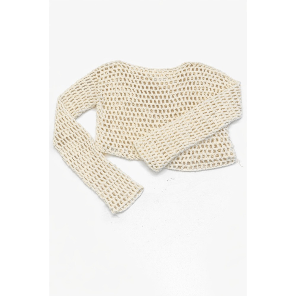 Handmade Crochet Long Sleeve Top Cream Ivory Open Knit Boho Beach Cover Up
